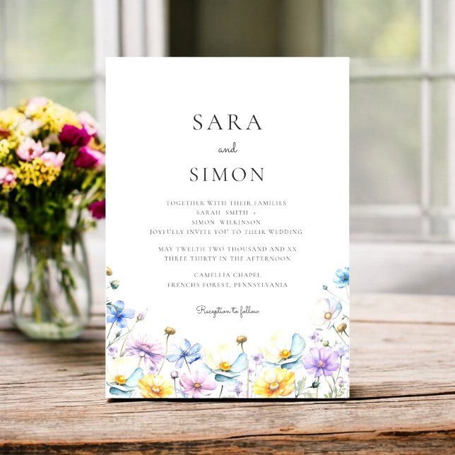 Convite Casamento mínimo e casual de flores silvestres mod (Modern Wildflower Wedding Invitation Set | Elegant Double-Sided Design with Watercolor Floral )