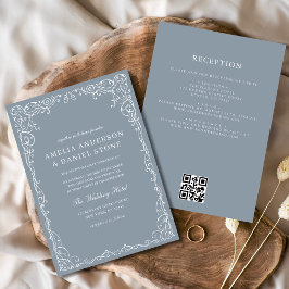 Convite Casamento Mínimo Elegante Azul Dusty com Código QR