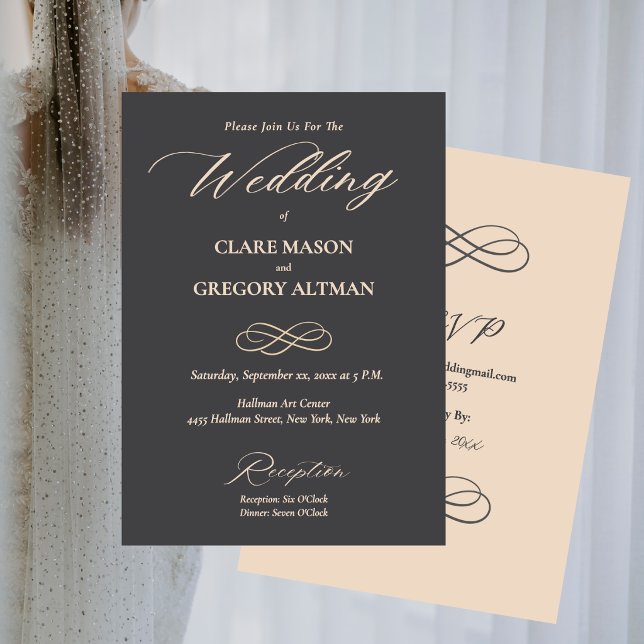 Convite Casamento Mínimo Elegante Com Cinza De Amêndoa Com (Elegant Minimalist Almond Gray Wedding With RSVP Invitation)