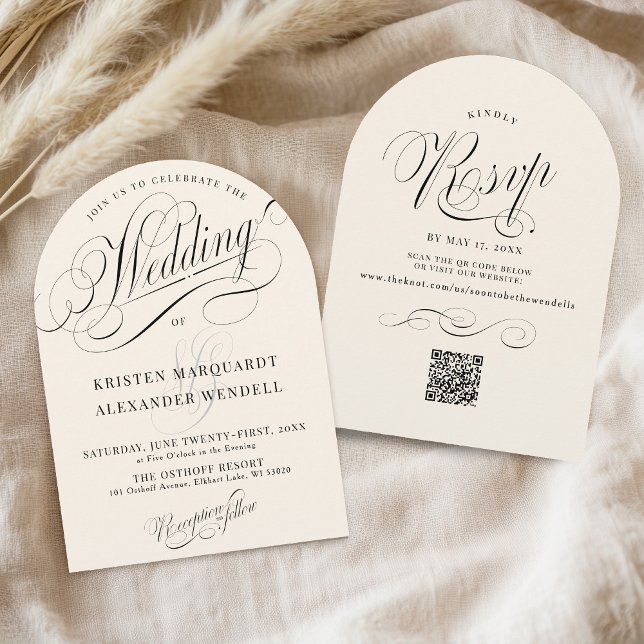 Convite Casamento Mínimo Elegante de Ivory & Black Arch (Elegant simple minimalist script typography classic ivory and black QR code rsvp wedding invitation)