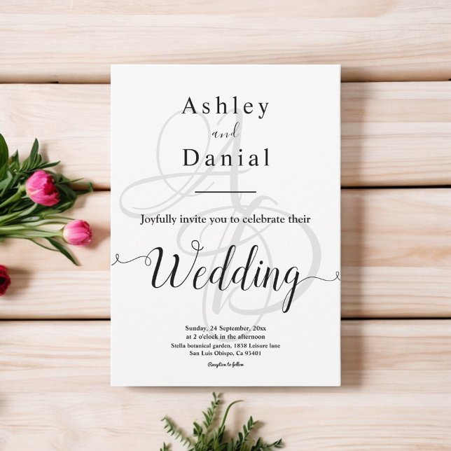 Convite Casamento Mínimo Elegante De Monograma Branco E Pr (Criador carregado)