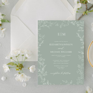 Convite Casamento Mínimo Elegante de Monograma Verde de F