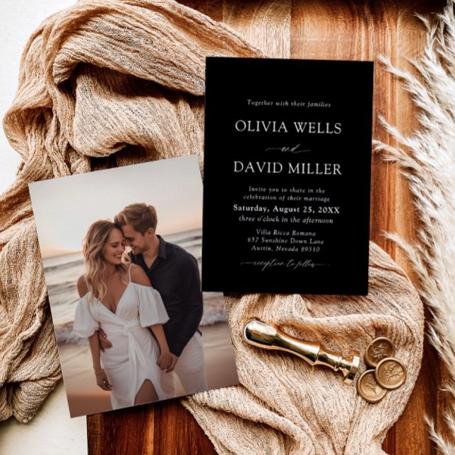 Convite Casamento Mínimo Elegante de Preto e Branco (Criador carregado)