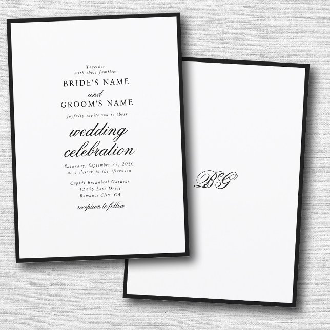 Convite Casamento Mínimo Elegante do Monograma Branco Negr (Elegant Minimalist Black White Monogram Wedding Invitation)