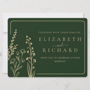 Convite Casamento Mínimo Elegante Dourado de Flor Verde