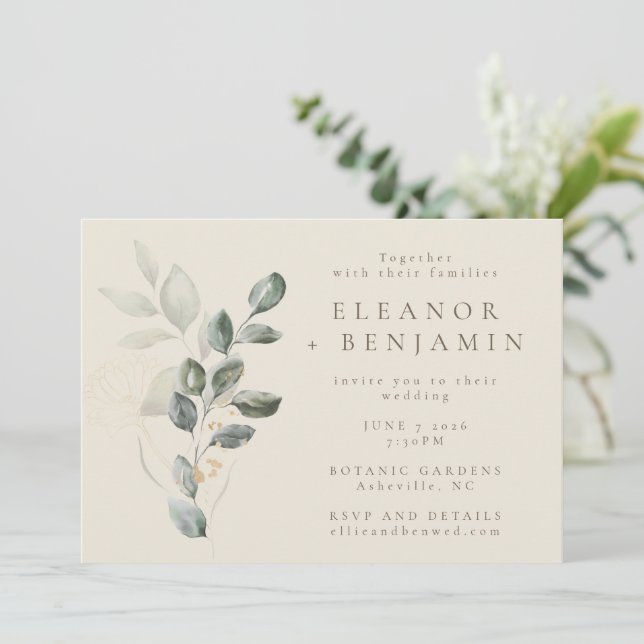 Convite Casamento Mínimo Eucalyptus Botânico Suave Elegant (Em pé/Frente)