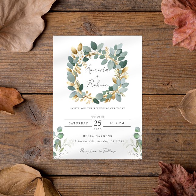 Convite Casamento Mínimo Eucalyptus & Gold Foil (Criador carregado)