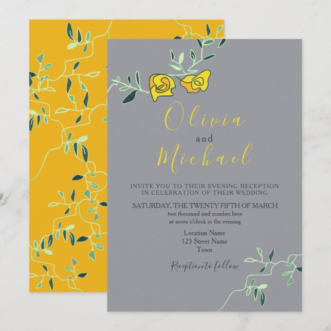 Convite Casamento Minimo Floral Amarelo e Cinza (Frente/Verso)