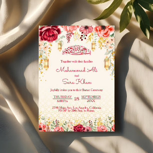 Convite Casamento Mínimo Floral Baraat Vermelho Muçulmano 