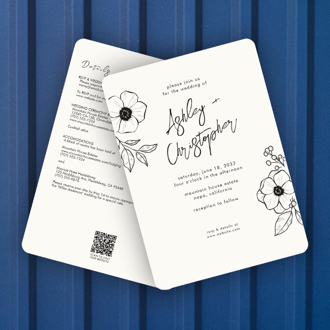 Convite Casamento Mínimo Floral Botânico Branco All-in-One (Criador carregado)