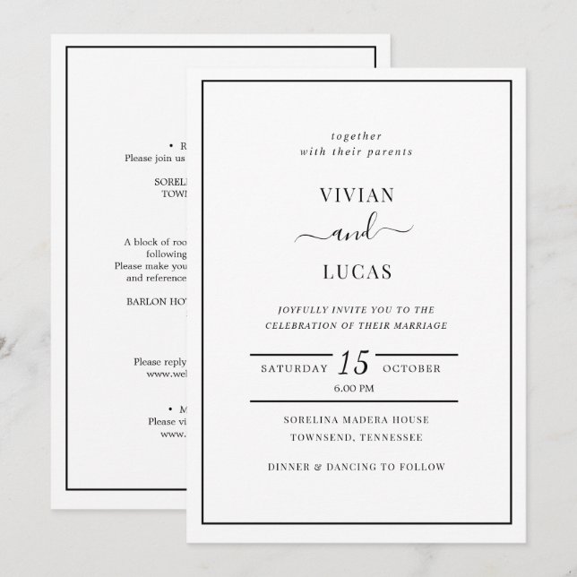Convite Casamento Mínimo Formal Branco e Negro Moderno (Frente/Verso)
