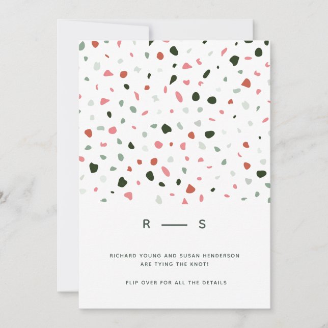 Convite Casamento Mínimo Moderno do Padrão Terrazzo Verde  (Frente)