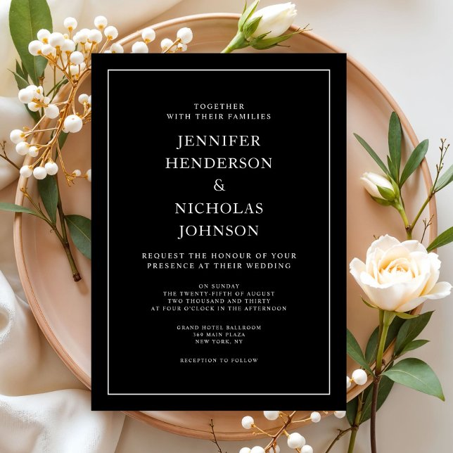 Convite Casamento Mínimo Negro Clássico Elegante (Elegant Classic Black Minimalist Wedding Invitation)