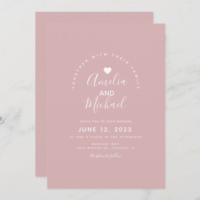 Convite Casamento Mínimo Simples de Coração Rosa (Frente/Verso)