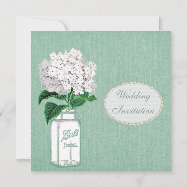 Convite Casamento Mint Burlap, Mason Jar & Hydrangea (Frente)