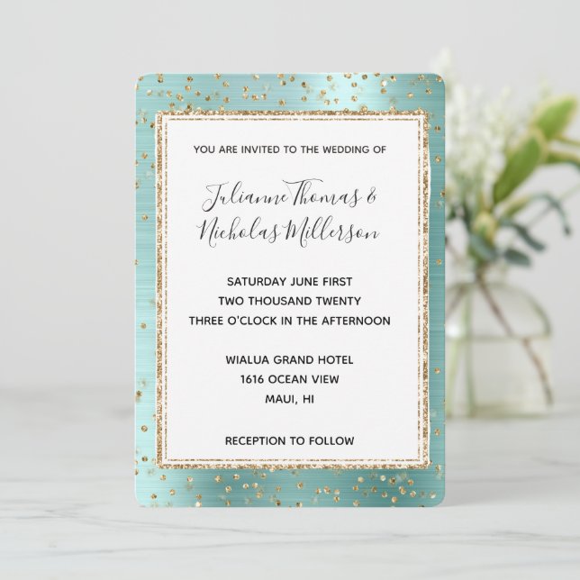 Convite Casamento Mint Glam Dourado Sparkle Confetti (Em pé/Frente)