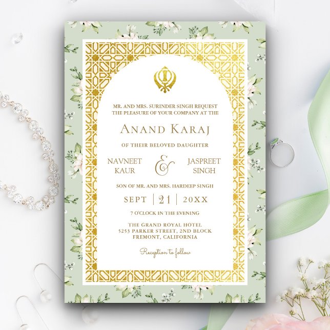Convite Casamento Mint Green Floral Anand Karaj Punjabi Si (Criador carregado)