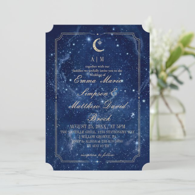 Convite Casamento Místico Azul Celestial   (Em pé/Frente)