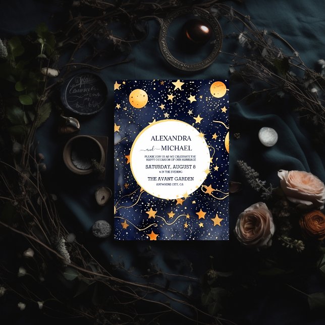 Convite Casamento Místico Azul e Dourado de Aquarela (Criador carregado)