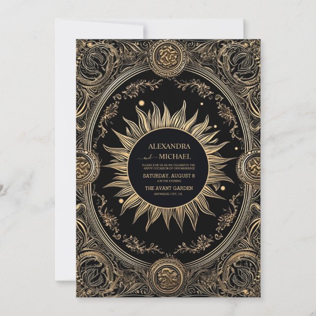 Convite Casamento Místico Celestial Preto e Dourado (Frente)