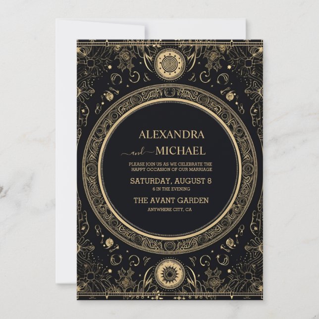 Convite Casamento Místico Celestial Preto e Dourado (Frente)
