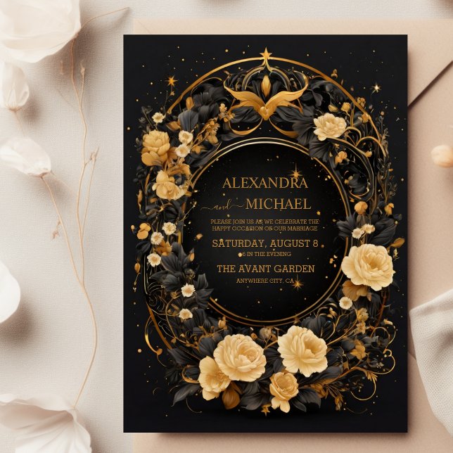 Convite Casamento Místico Celestial Preto e Dourado (Criador carregado)