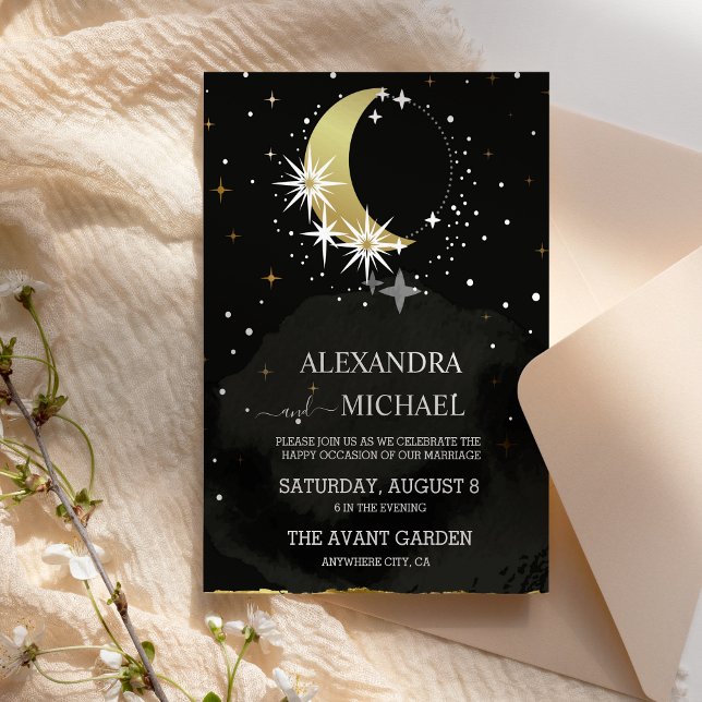 Convite Casamento Místico Celestial Preto e Dourado (Criador carregado)