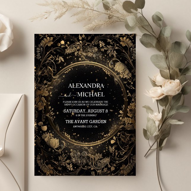 Convite Casamento Místico Celestial Preto e Dourado (Criador carregado)
