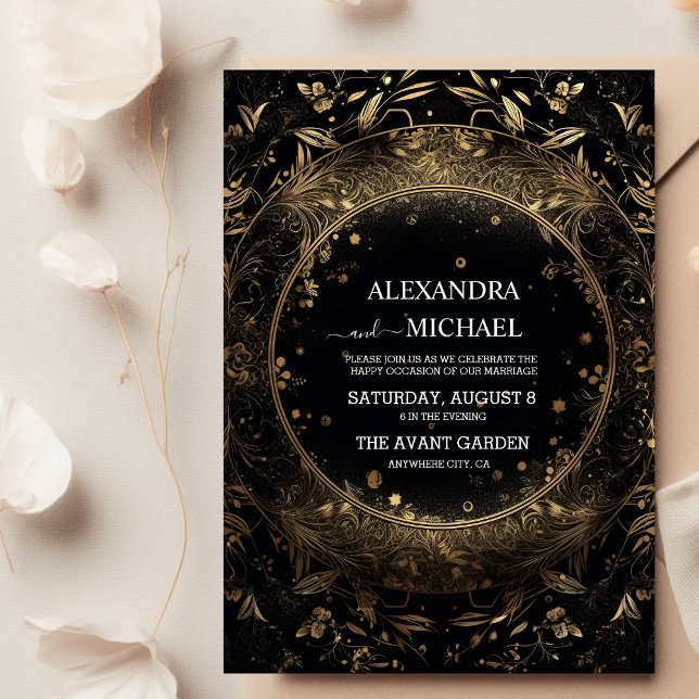 Convite Casamento Místico Celestial Preto e Dourado (Criador carregado)