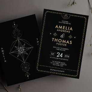 Convite Casamento Místico Celestial Preto e Dourado Modern