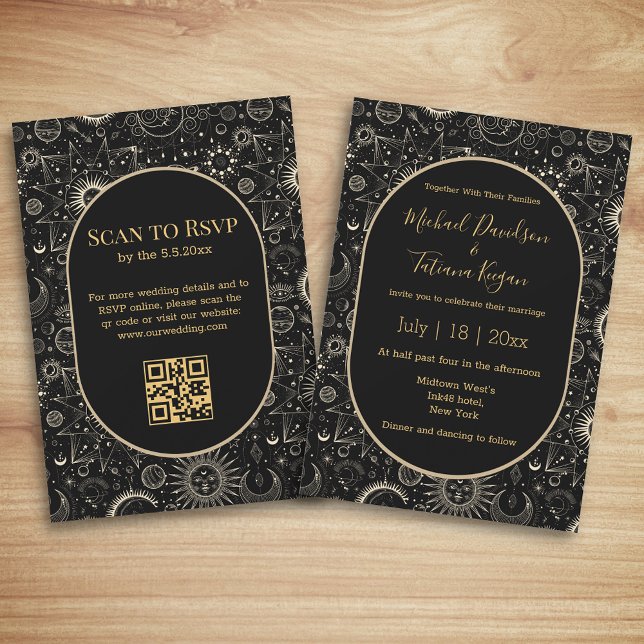 Convite casamento místico com código qr místico chic black (Criador carregado)