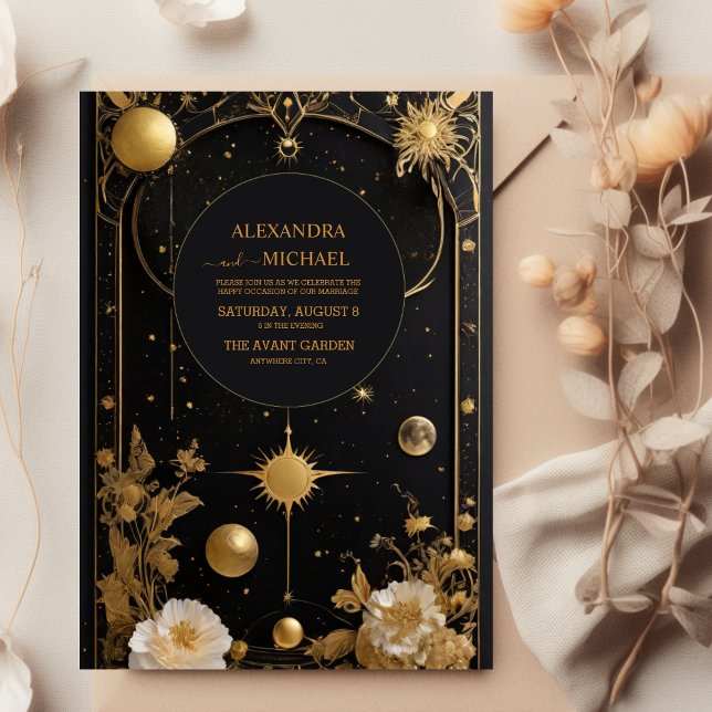 Convite Casamento Místico da Lua Celestial Dourada (Criador carregado)