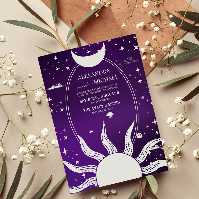 Convite Casamento Místico do Sol e da Lua Roxo (Criador carregado)