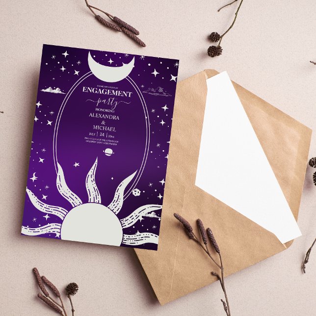 Convite Casamento Místico do Sol e da Lua Roxo e Prata (Criador carregado)