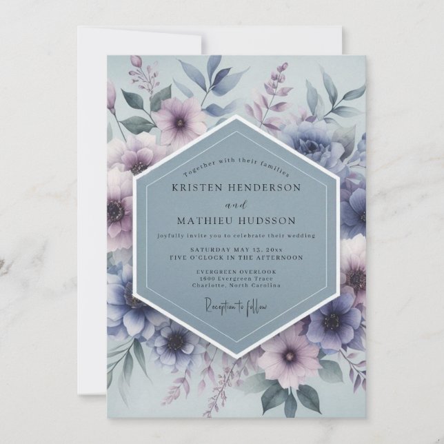 Convite Casamento Místico Florido Azul Ardósia (Frente)