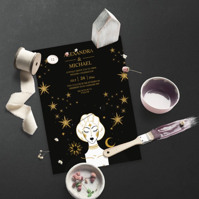 Convite Casamento Místico Lua Celestial Dourado Preto  (Criador carregado)