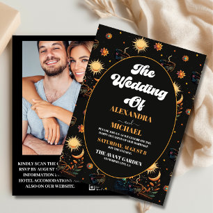 Convite Casamento Místico Preto Dourado Estrelas Celestiai