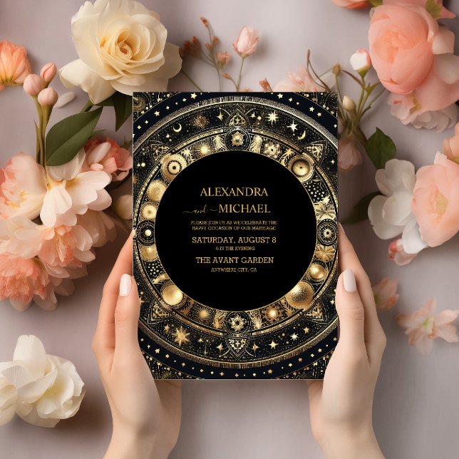 Convite Casamento Místico Preto Dourado Sol Lua (Criador carregado)