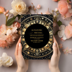 Convite Casamento Místico Preto Dourado Sol Lua
