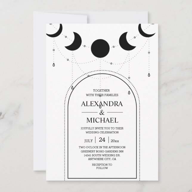 Convite Casamento Místico Preto e Branco Estrelas Celestia (Frente)