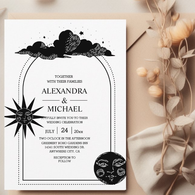 Convite Casamento Místico Preto e Branco Estrelas Celestia (Criador carregado)
