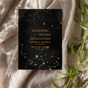 Convite Casamento Místico Preto e Dourado Sol Lua