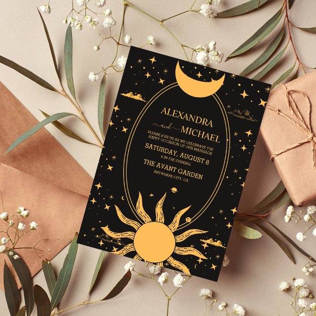 Convite Casamento Místico Preto e Dourado Sol Lua (Criador carregado)
