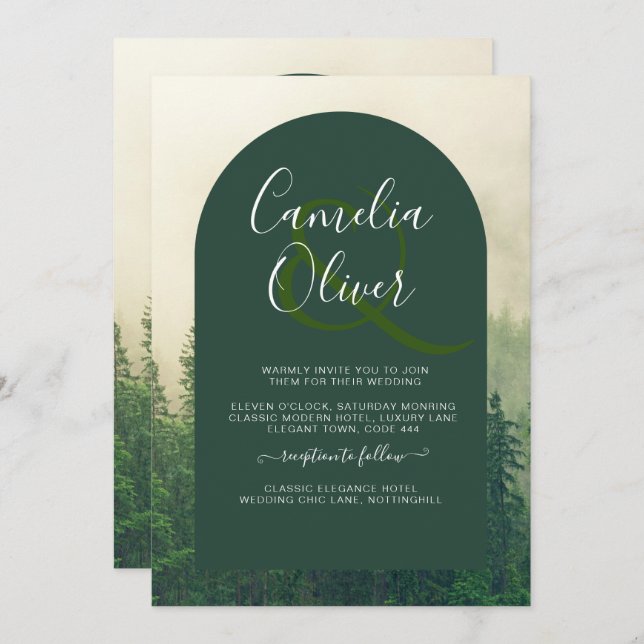 Convite Casamento Misty Green Forest Pine Trees (Frente/Verso)