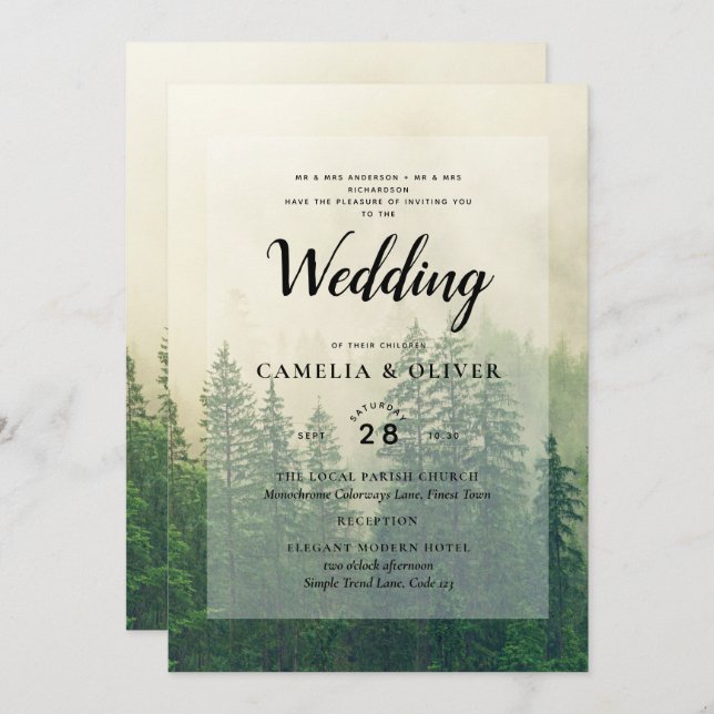 Convite Casamento Misty Green Forest Pine Trees (Frente/Verso)