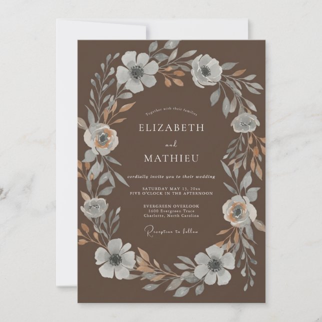 Convite Casamento Mocha Silver Wreath (Frente)