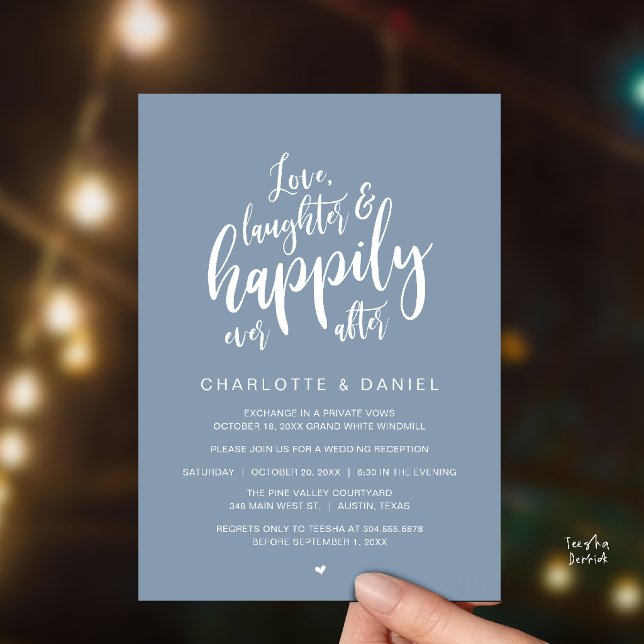 Convite Casamento Modernamente Rústico Felizes para Sempre (Modern Rustic Script Love Laughter and Happily Ever After Wedding Invitation Card in Dusty Blue)