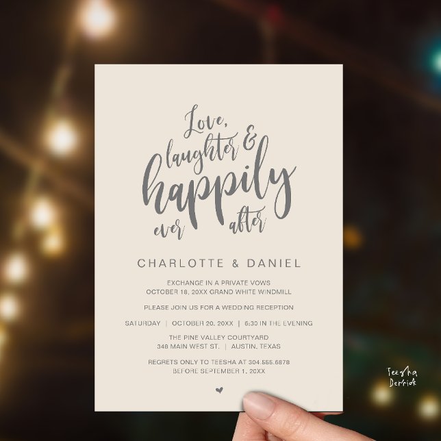 Convite Casamento Modernamente Rústico Felizes para Sempre (Modern Rustic Script Love Laughter and Happily Ever After Wedding Invitation Card in Cream Grey)