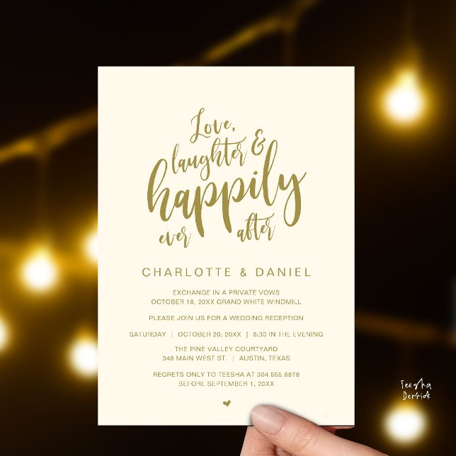 Convite Casamento Modernamente Rústico Felizes para Sempre (Modern Rustic Script Love Laughter and Happily Ever After Wedding Invitation Card in Gold Cream)