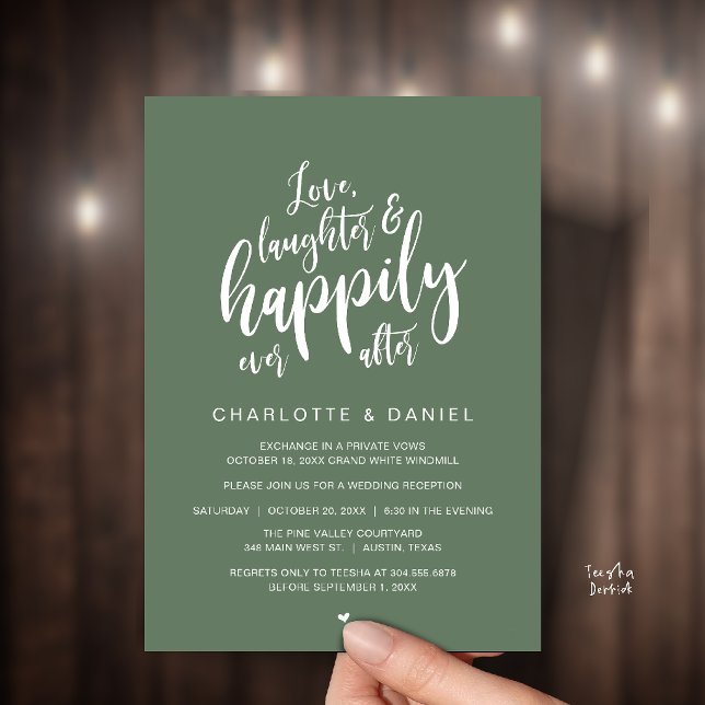 Convite Casamento Modernamente Rústico Felizes para Sempre (Modern Rustic Script Love Laughter and Happily Ever After Wedding Invitation Card in Sage Green)